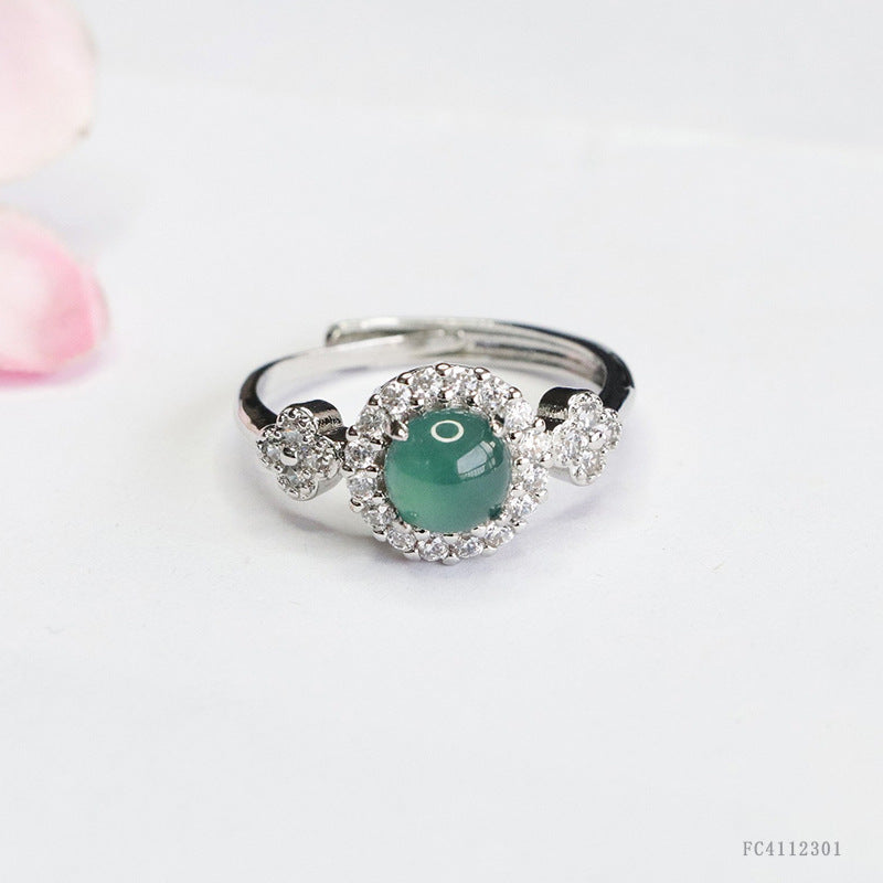 Blue Water Jadeite Prong-Set Four-Leaf Clover Ring