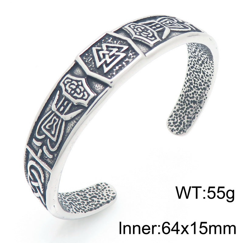 Rune – Nordic Viking Celtic Knot Double Wolf Head Titanium Steel Men's Opening Bracelet