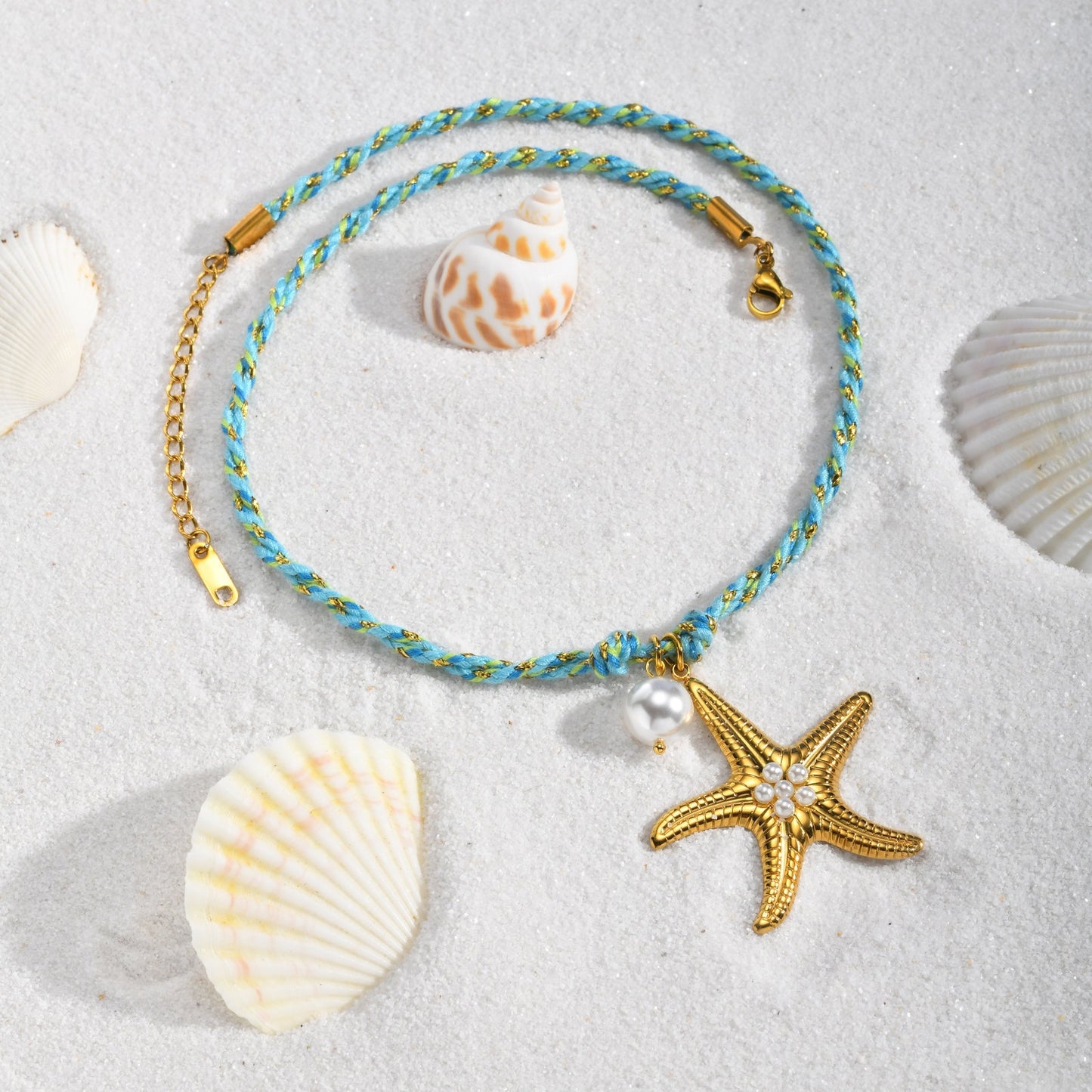 Hot-Selling Temu Ocean Wind Stainless Steel Sea Star Imitation Pearl Blue Braided Rope Necklace