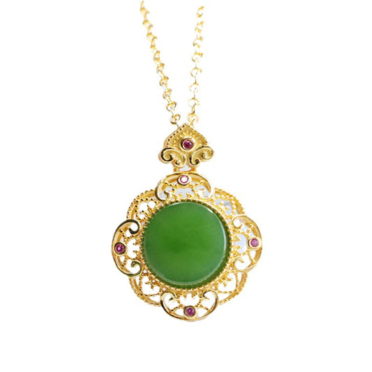 S925 Sterling Silver Natural Hotan Jade Pendant Necklace with Jasper Hollow Detail