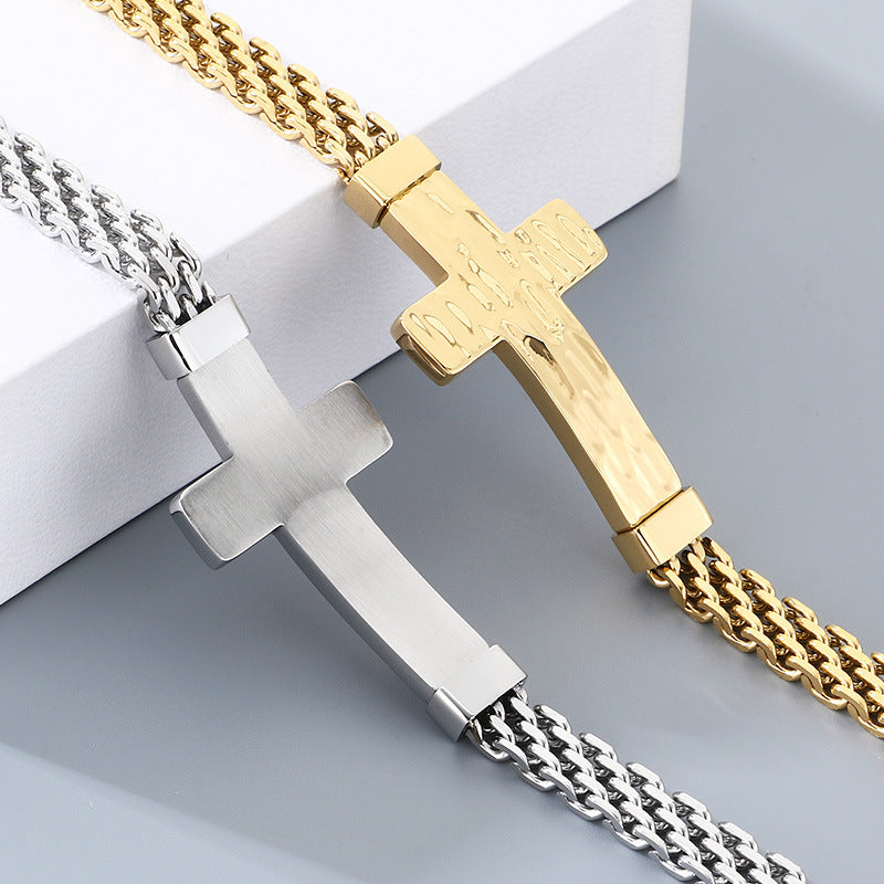 Hammer Texture Cross Stainless Steel Men's Bracelet Hand Adjustable