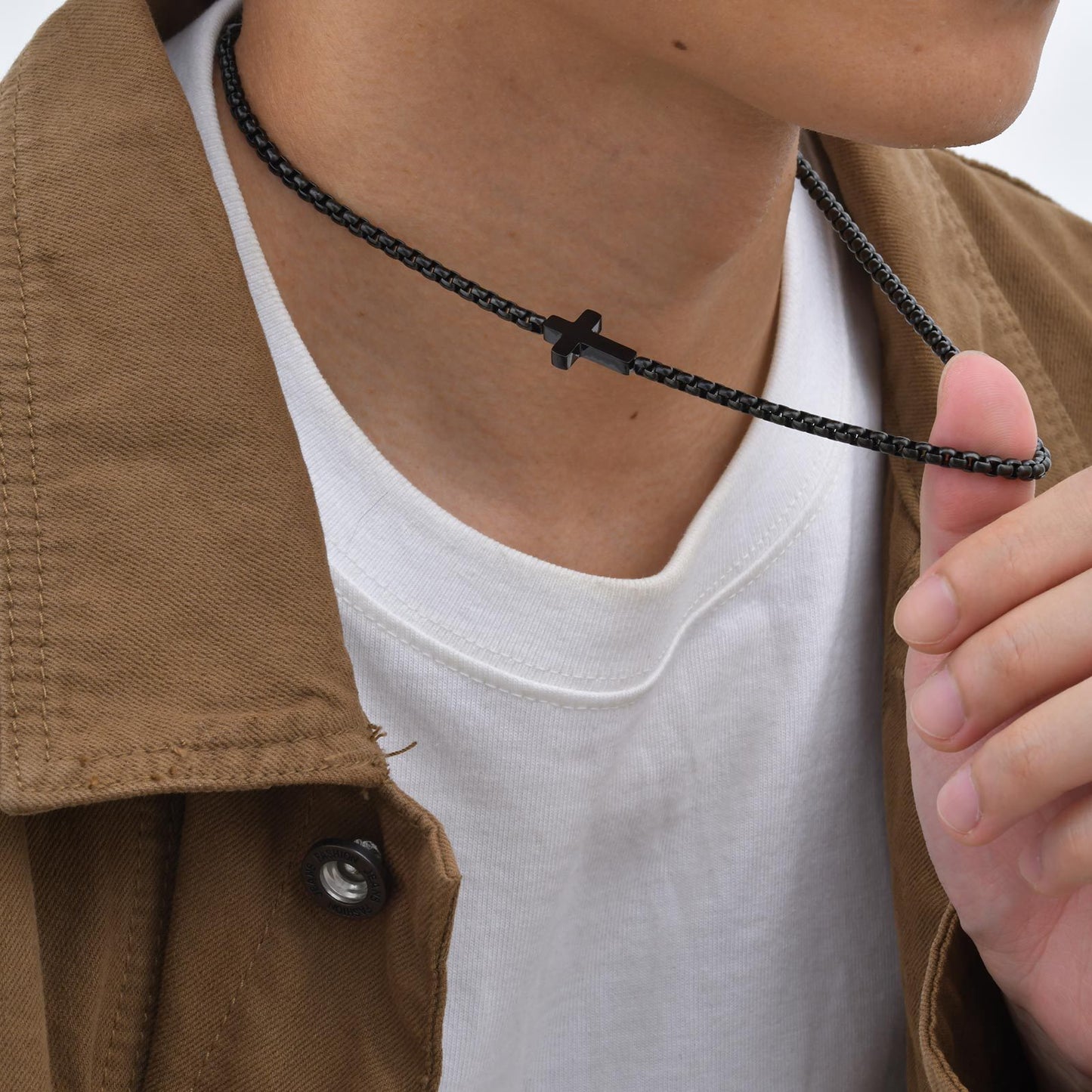 Planderful Mens Cross Necklace Stainless Steel Square Chain