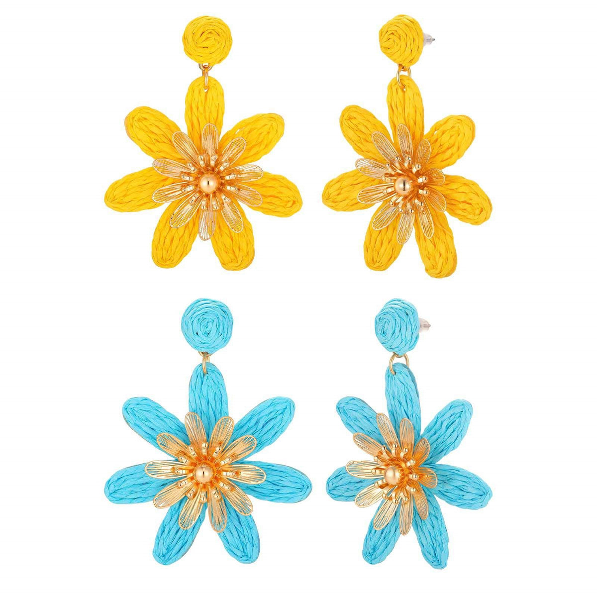 Turquoise Woven Flower Statement Earrings
