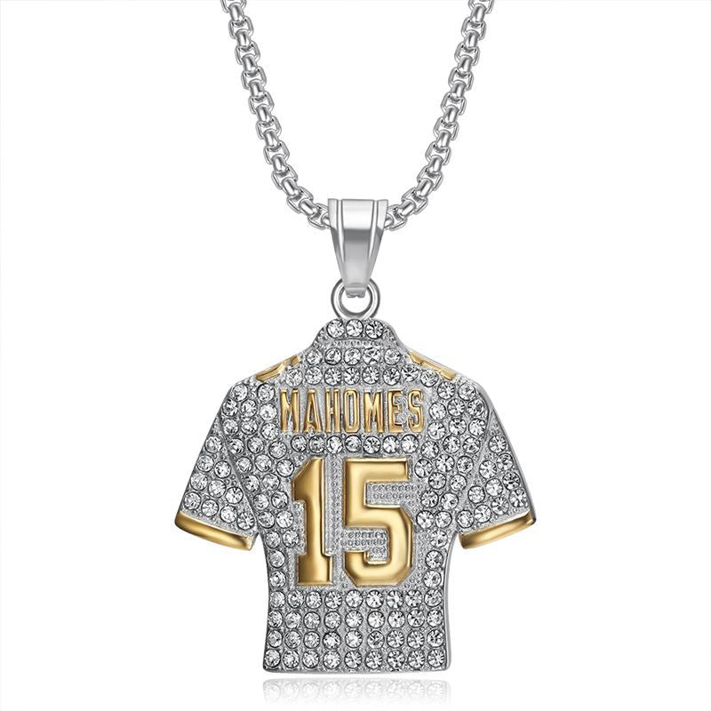 Planderful Premium Hip Hop Necklace Titanium Steel Gold Plated Zircon NFL Jersey Pendant No 15 for Fans