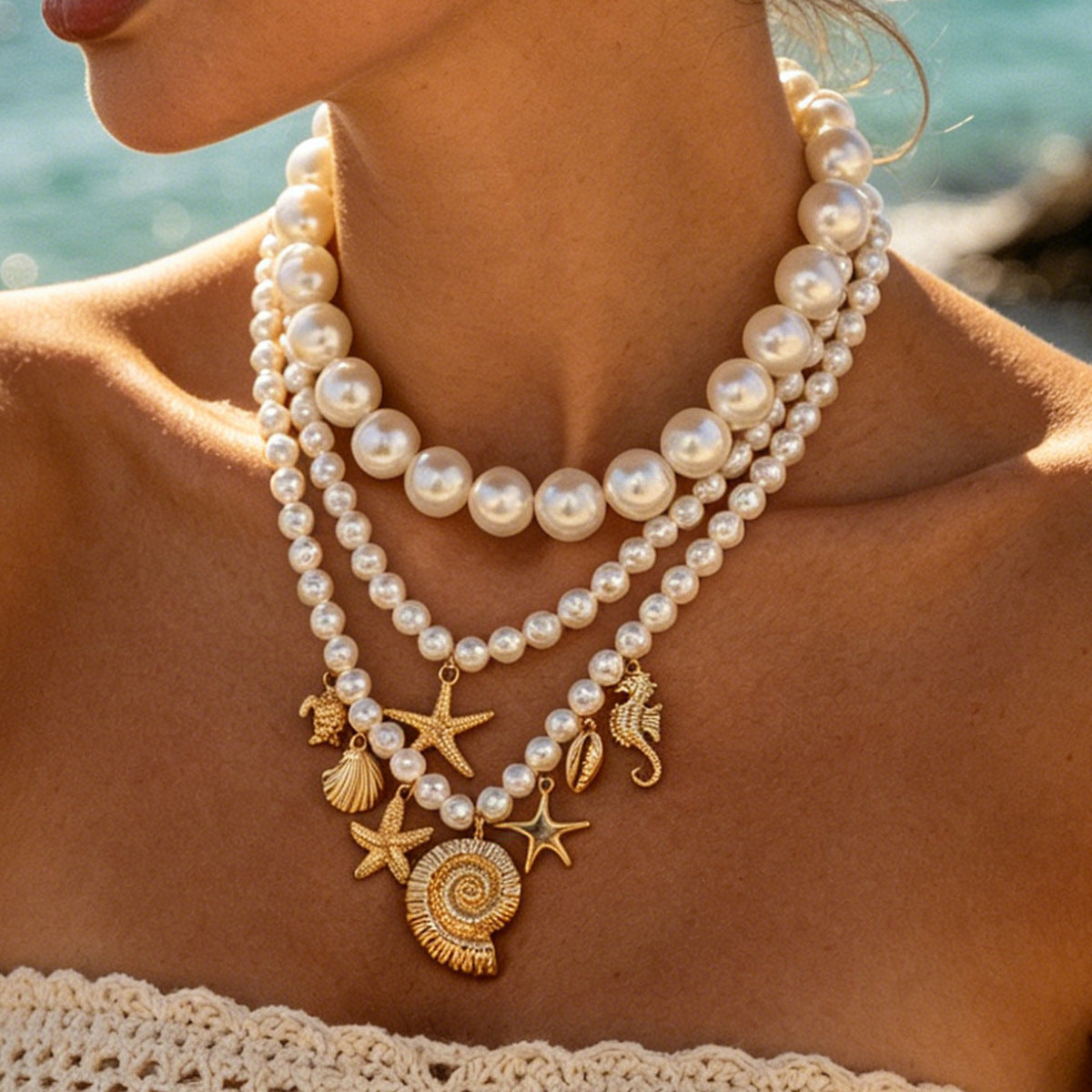 Starfish & Seahorse Pearl Layered Necklace