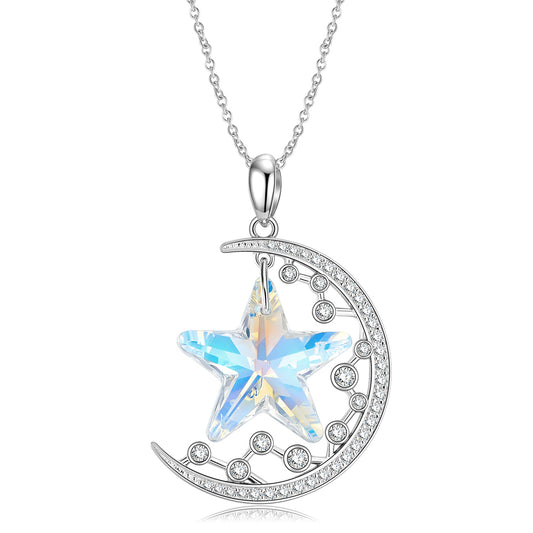 Crescent Moon Five Point Star Zircon Silver Necklace