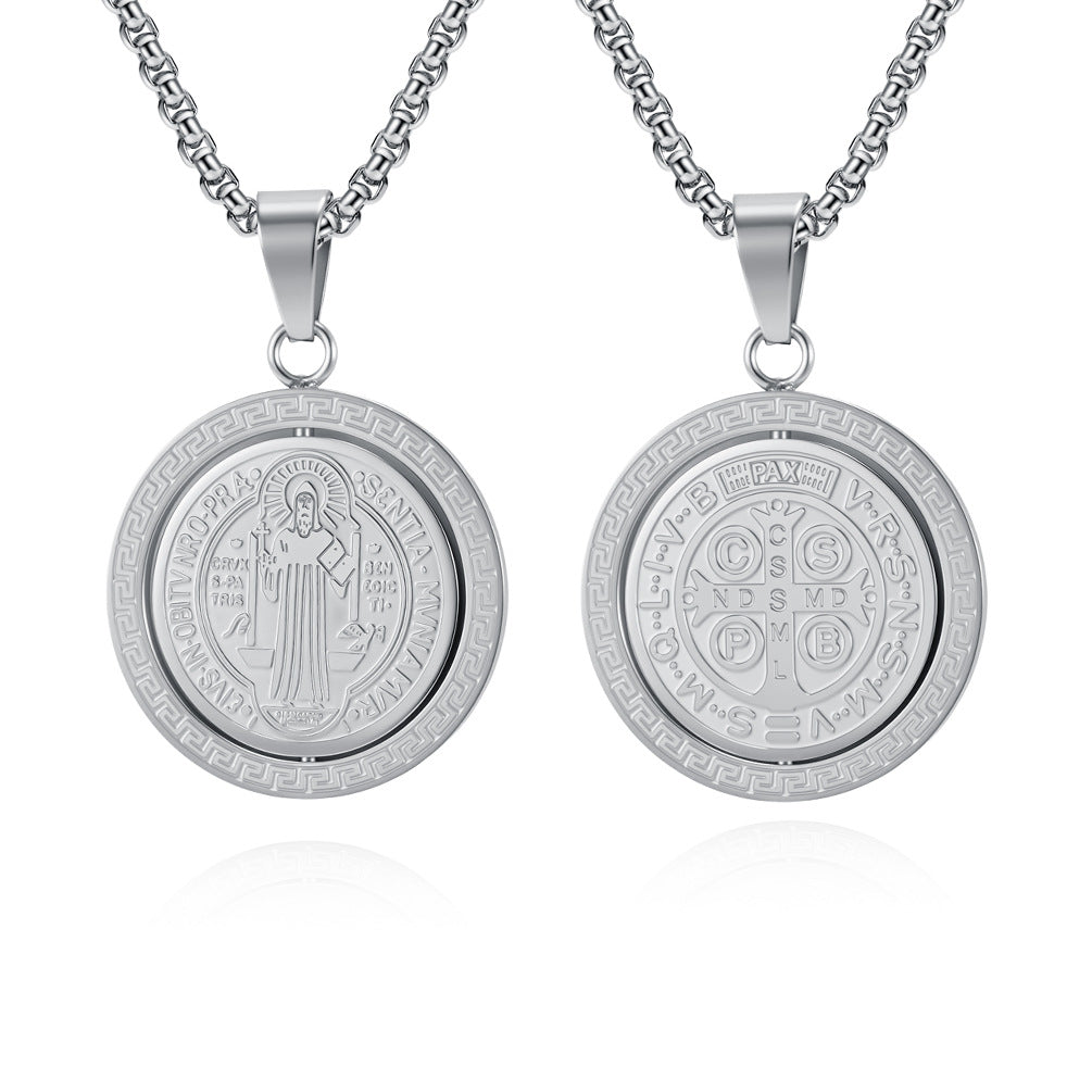 Planderful Saint Benedict Necklace For Men Rotatable Double Sided Stainless Steel Pendant Chain