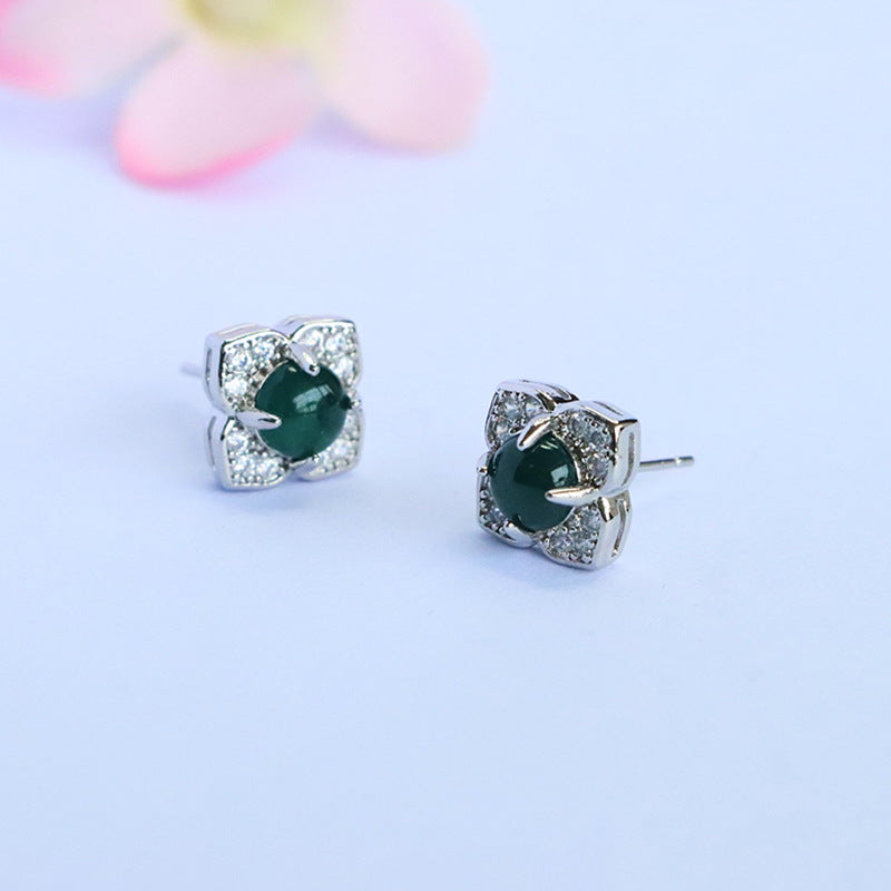 Blue-Water Jadeite Four-Petal Stud Earrings