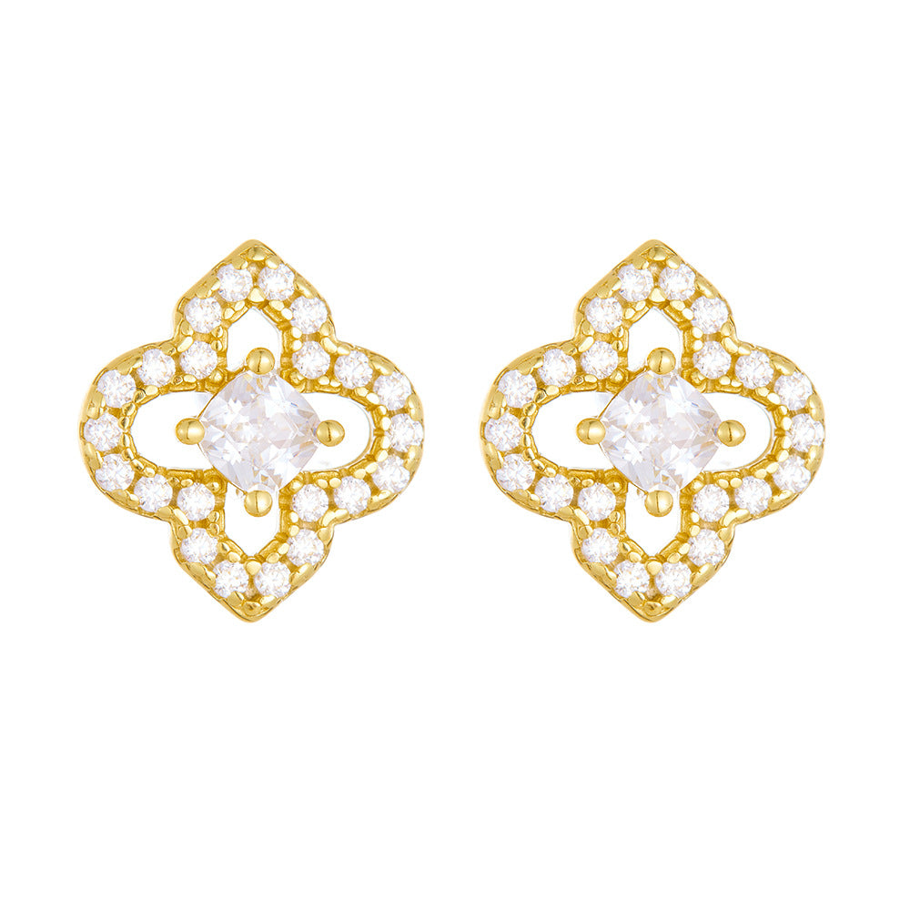 S925 Sterling Silver Four-Leaf Clover Inlaid Zircon Stud Earrings 'S Hollow Zircon Earrings