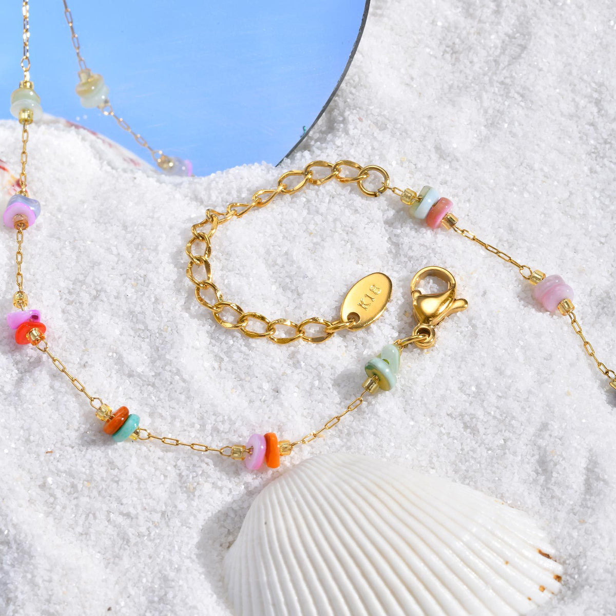 Summer Seaside Vacation Wind Small Fresh Ocean Wind Stainless Steel Colored Stone Conch Necklace