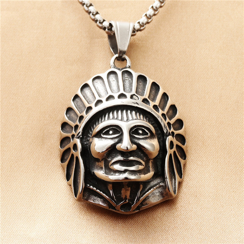 Titanium Steel Vintage Indian Portrait Pendant Necklace for Men - Trendy Punk Style