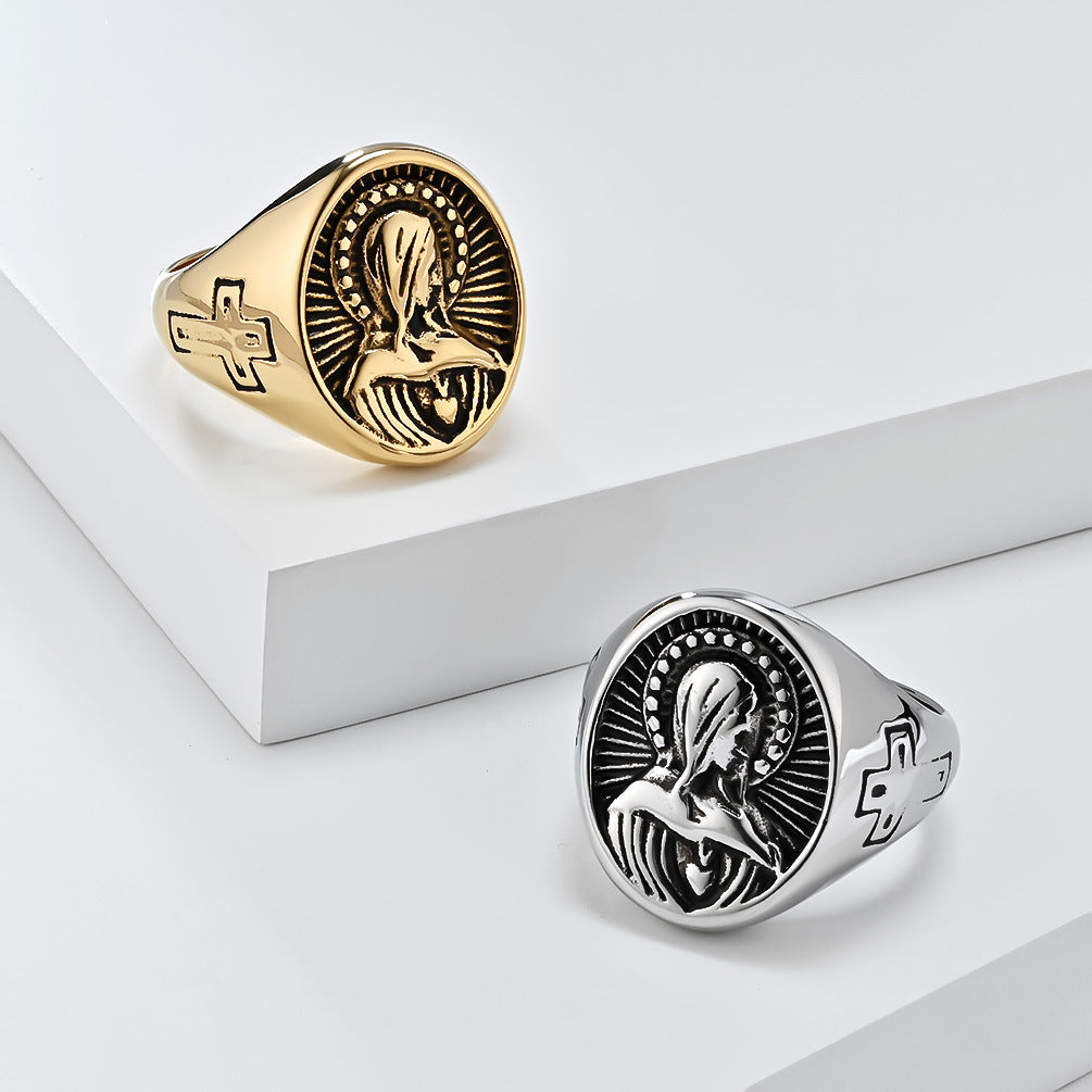 Steel Ring – Vintage Virgin Mary Cross Design