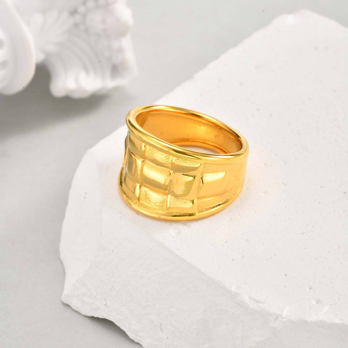 Stainless Steel Gold-Plated Checkered Woven Ring Women's