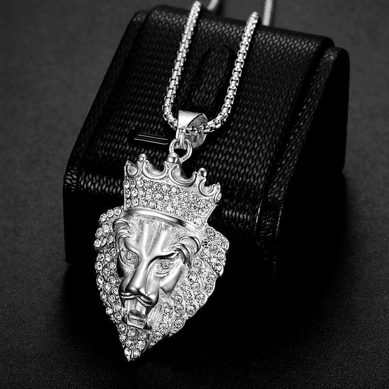 Planderful Hip Hop Lion Necklace Gold Plated Titanium Steel Rhinestone Crown Pendant For Hip Hop Fans