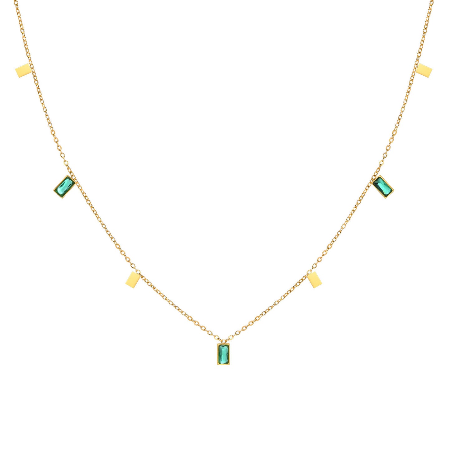 Stainless Steel Green Zircon Rectangular Necklace Gold Female