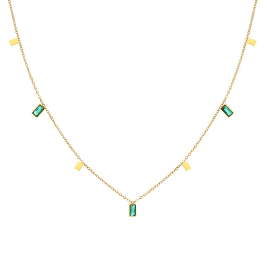 Stainless Steel Green Zircon Rectangular Necklace Gold Female