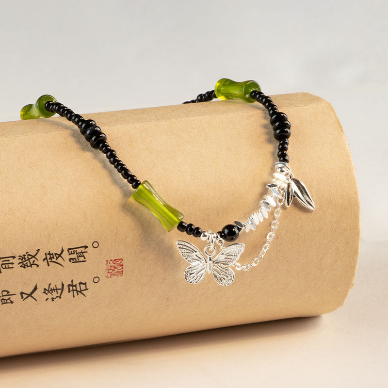 Fortune's Favor Sterling Silver Agate Necklace with Black Onyx and Green Bamboo Leaf Butterfly Pendant