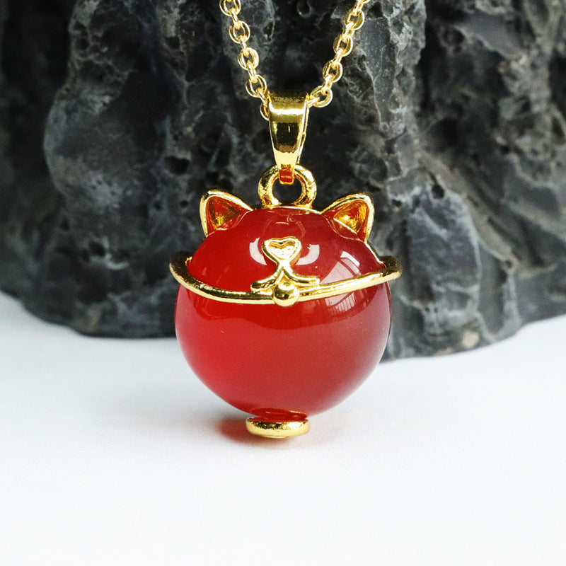 Red Agate Lucky Cat Pendant — No Chain
