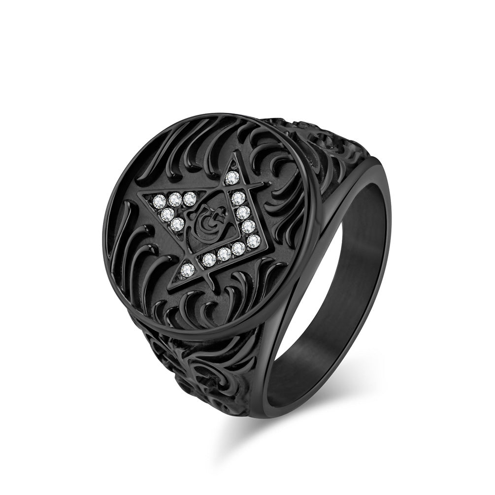 Planderful Masonic Zircon Titanium Steel Ring For Men Retro Fraternity Hand Jewelry Domineering Style