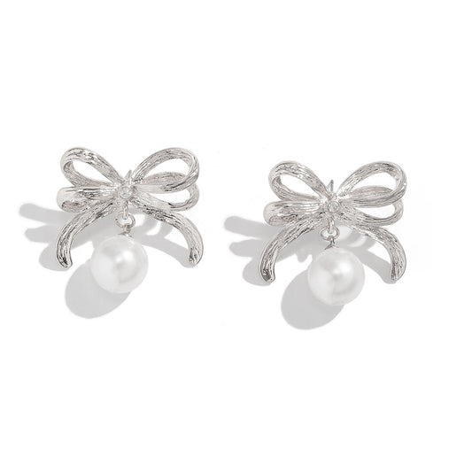 Bow Pearl Earrings with Sterling Silver Needles and Niche Metal Knot Design, Vienna Verve Collection