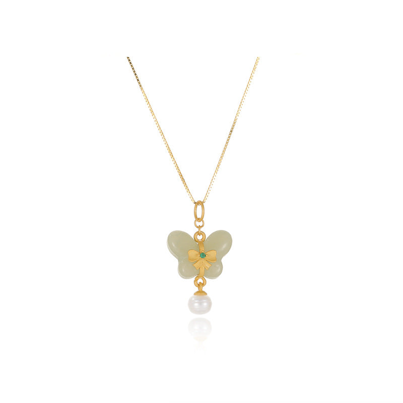 Fortune's Favor: Sterling Silver Necklace with Jade and Pearl Pendant