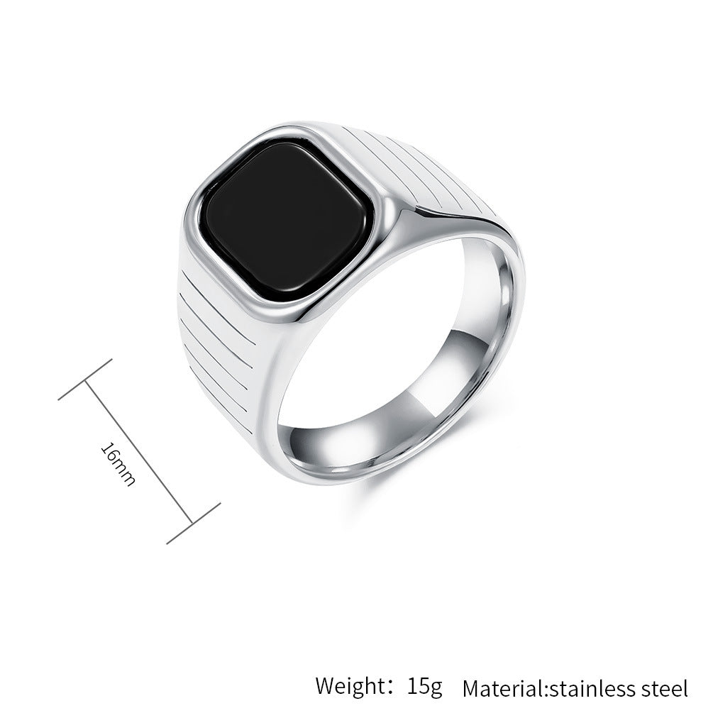 Planderful Men Titanium Steel Ring With Black Glass Gem Minimalist Fashion Ring For Everyday Wear