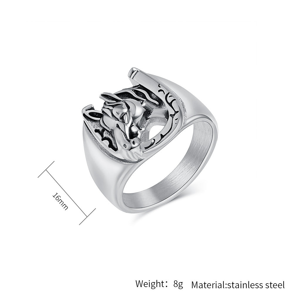 Planderful Personalized Retro Horse Head Titanium Steel Ring For Hip Hop And Hipster Style