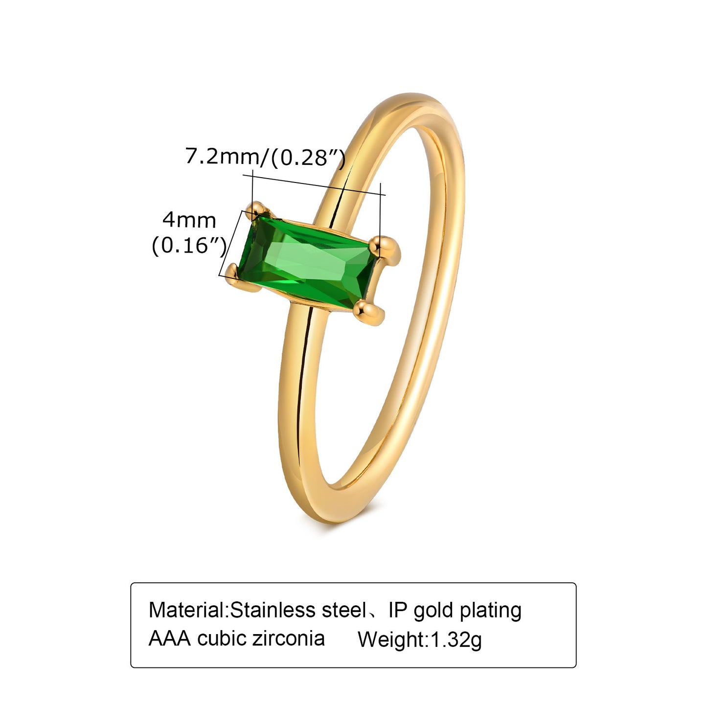 Stainless Steel Green White Square Zircon Gold Lady Ring