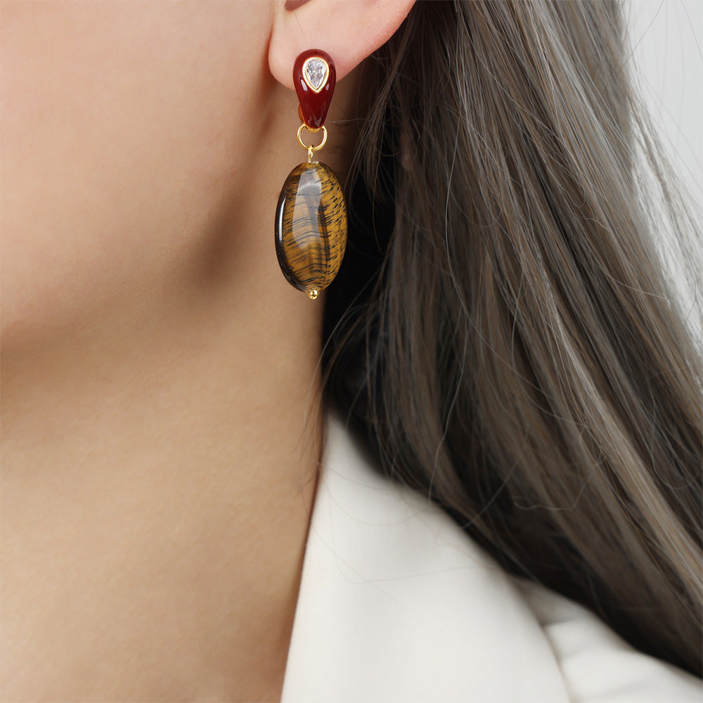 Tiger Eye Stone Pendant with Enamel Earrings Set