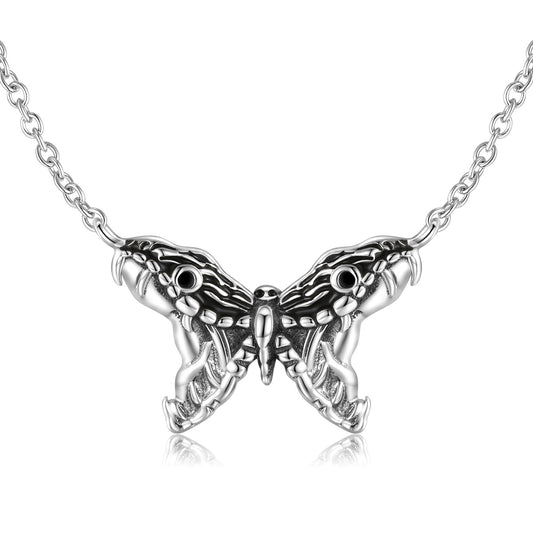 Double Snake Butterfly Pendant Silver Necklace