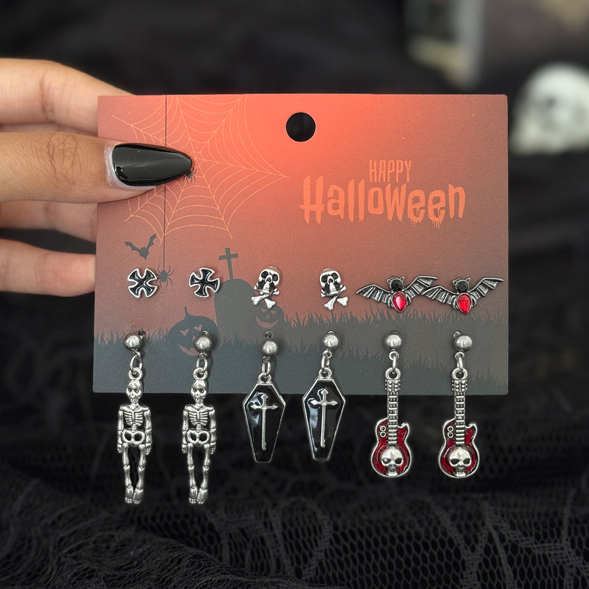 Planderful Gothic Halloween Earrings Set Spider Web Bat Blood Cross With Roses For Women Vienna Verve