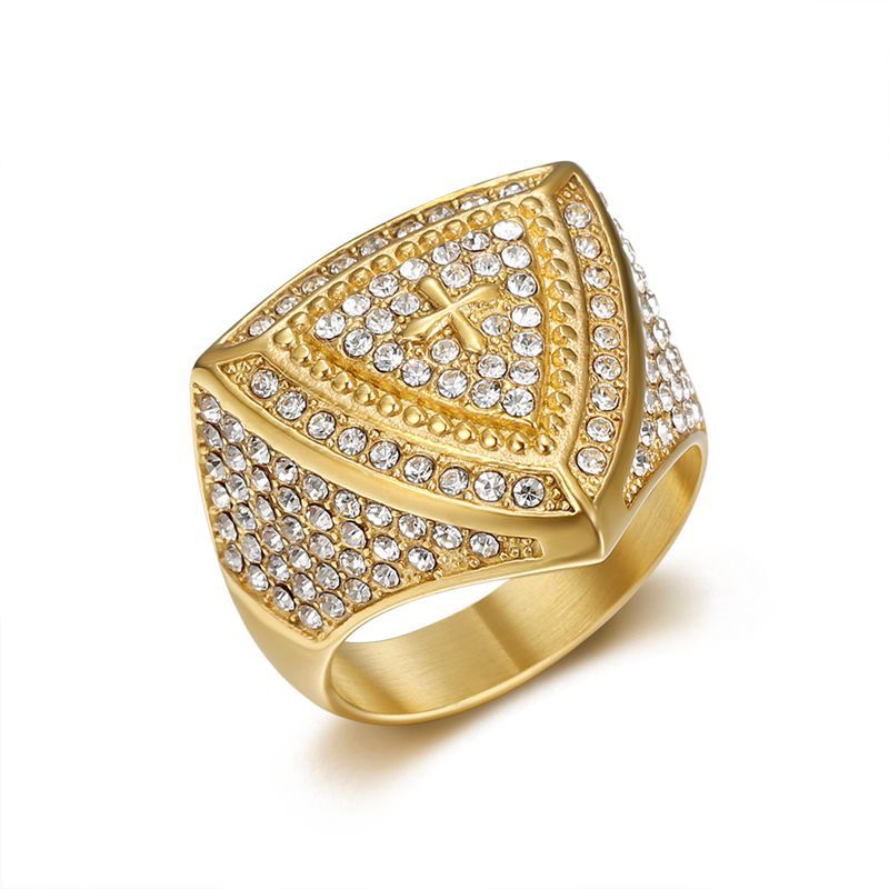 Planderful Hip Hop Ring For Men Stainless Steel Gold Plated Rhinestone Triangular Cross