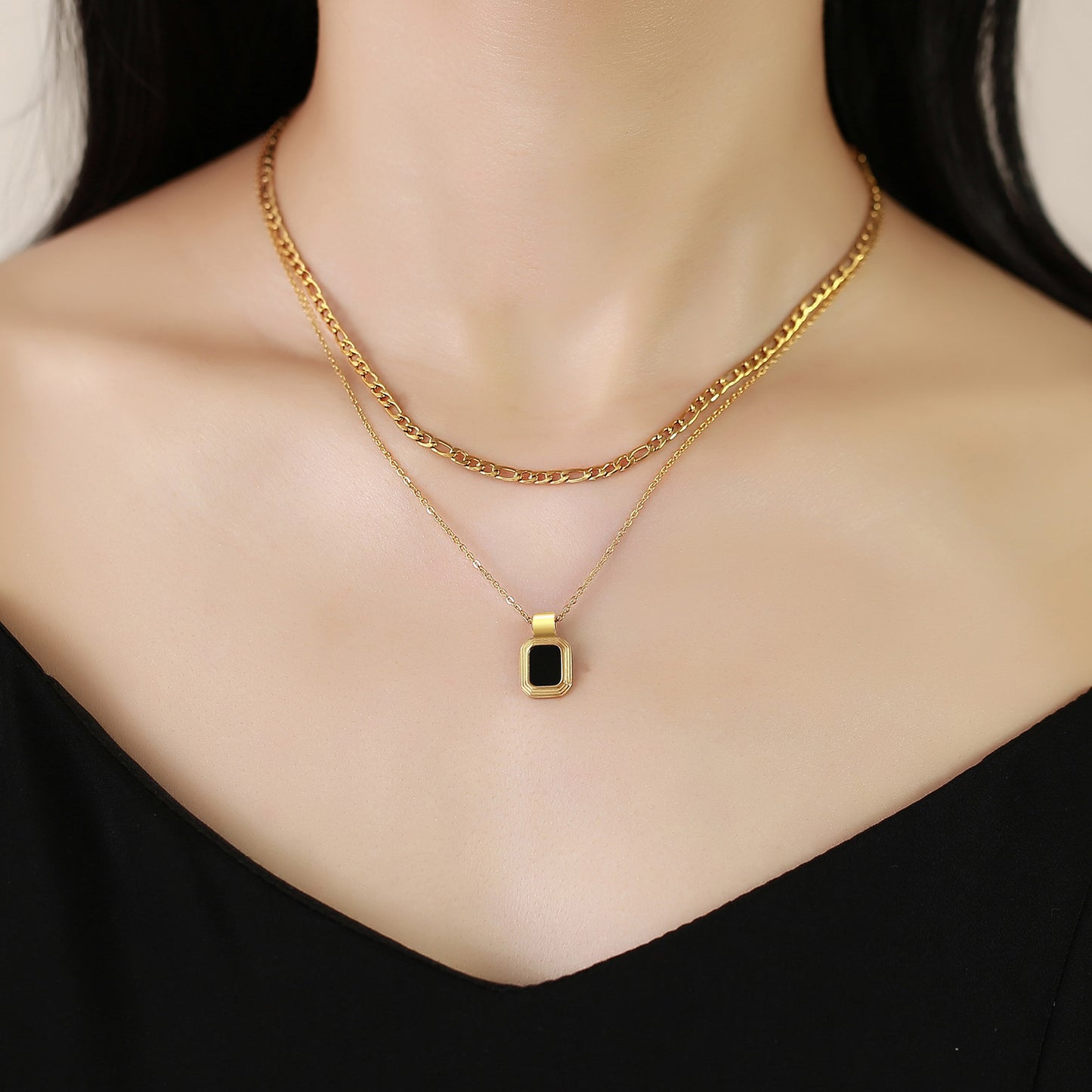 Stainless Steel Double Layer Geometric Square Tag Pendant Necklace