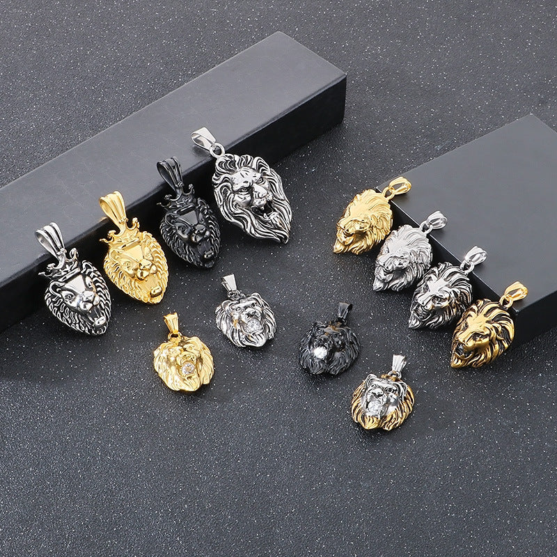 Planderful Lion Head Zircon Pendant Steel Mens Necklace