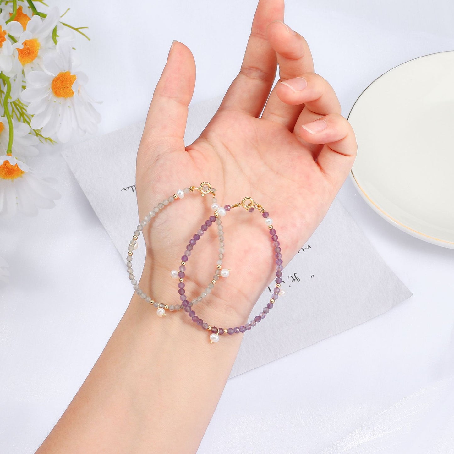 Lavender Amethyst and Moonlight Pearl Sterling Silver Bracelet