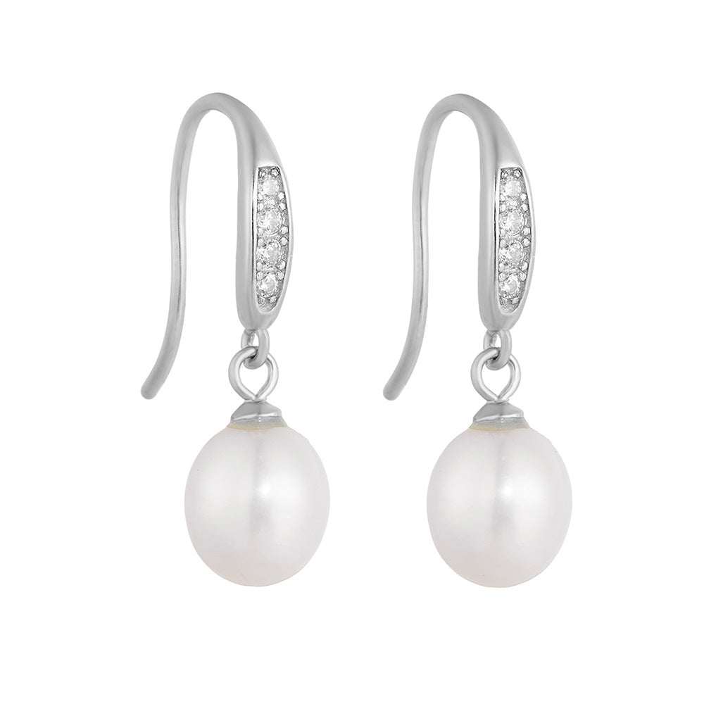 S925 Sterling Silver Freshwater Pearl Long Ear Hook Earrings Retro Earrings