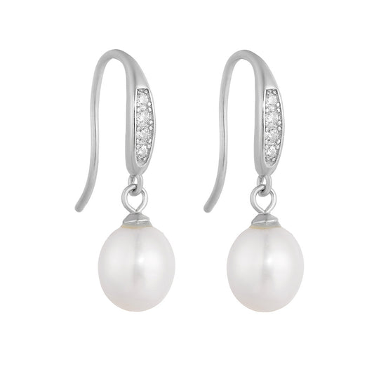 S925 Sterling Silver Freshwater Pearl Long Ear Hook Earrings Retro Earrings