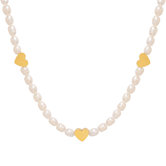 Korean Peach Heart Necklace with Freshwater Pearl Chain and Unique Design