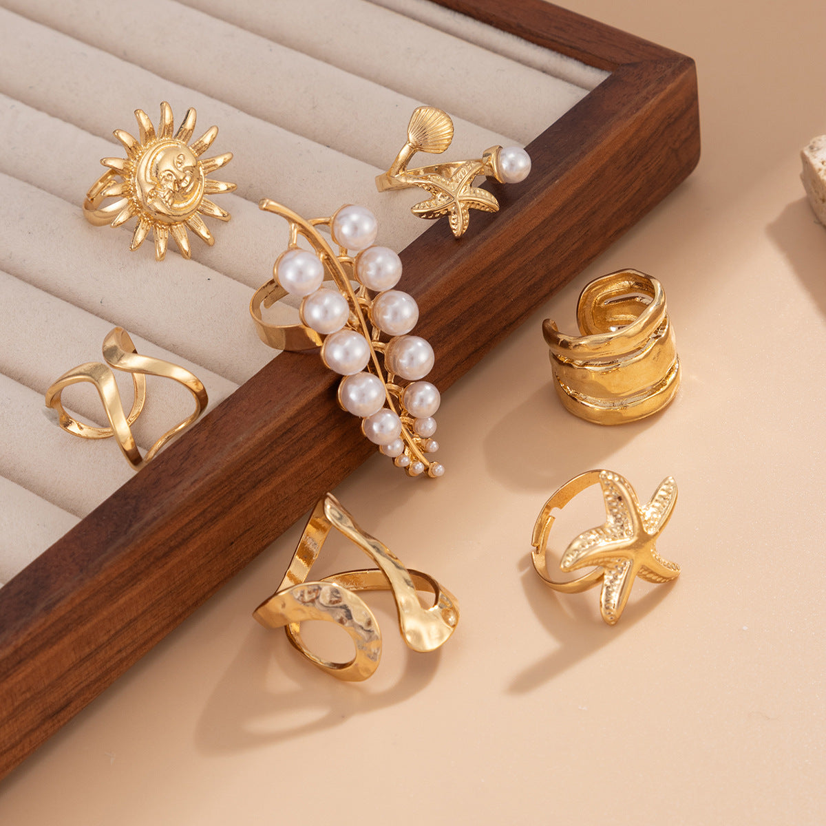 Starfish Ring Set From Planderful Vienna Verve For Women Personalized Leaf Imitation Pearl Jewelry