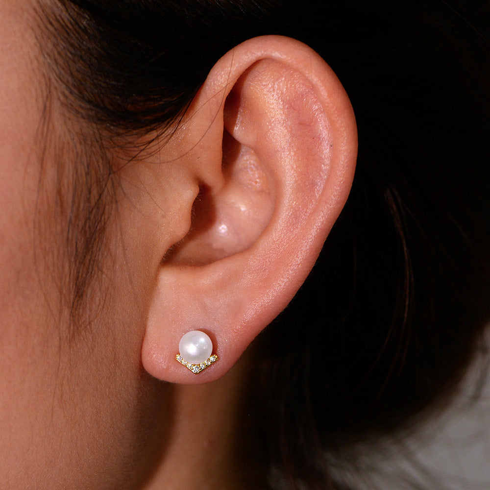S925 Sterling Silver V-Shaped Zircon Inlaid Natural Pearl Stud Earrings French Retro Romantic