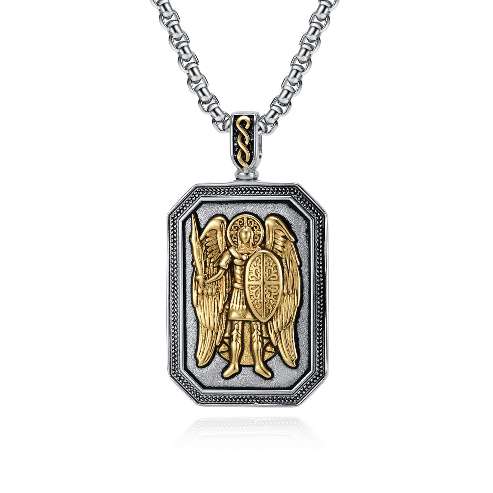 Planderful St Michaels Angel Titanium Steel Necklace For Men Durable Retro European American Style Pendant