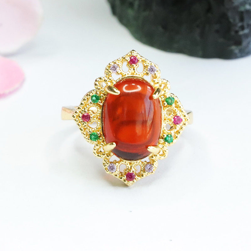 Ethnic Style Sterling Silver Ring with Beeswax Amber