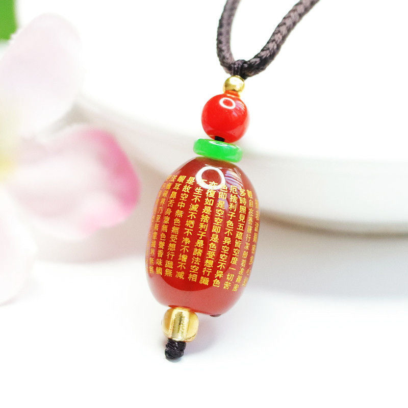 Red Agate Heart Sutra Barrel Bead Pendant