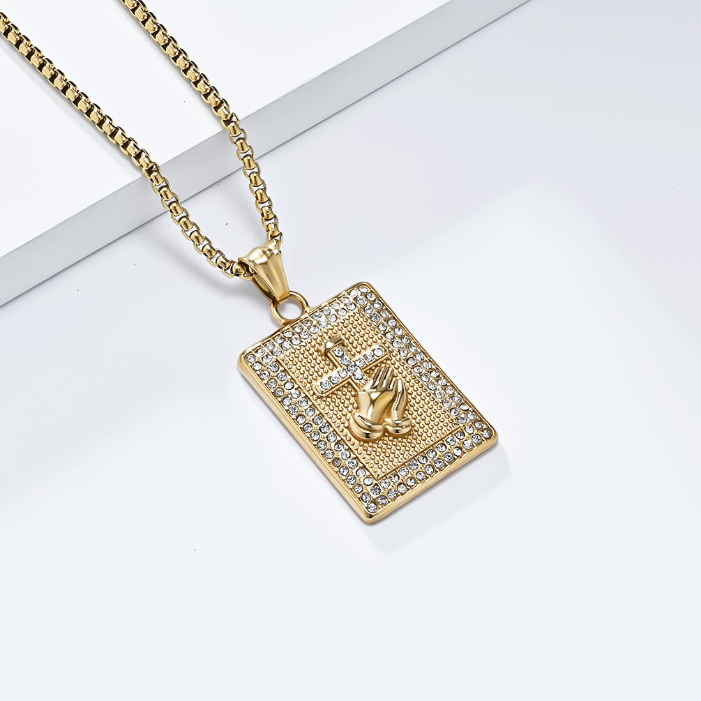 Planderful Zircon Inlaid Prayer Hand Cross Necklace For Hip Hop Fans Urban Style Premium Edition