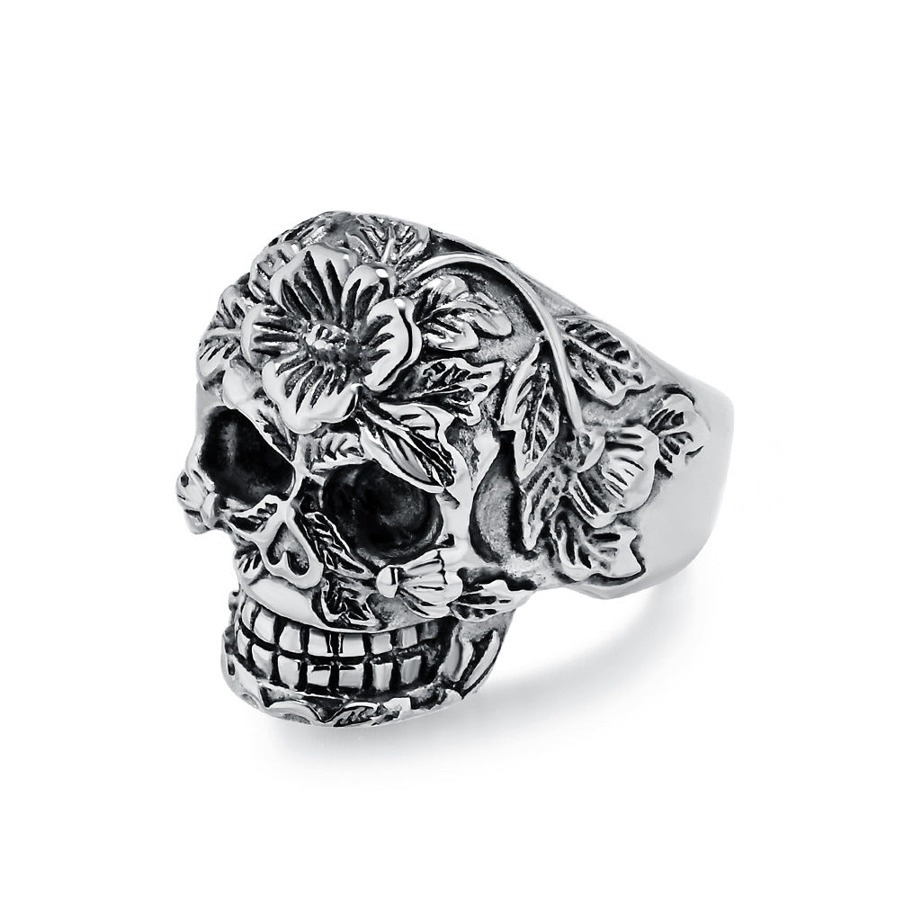 Flower Grass Skull Stainless Steel Ring Men's