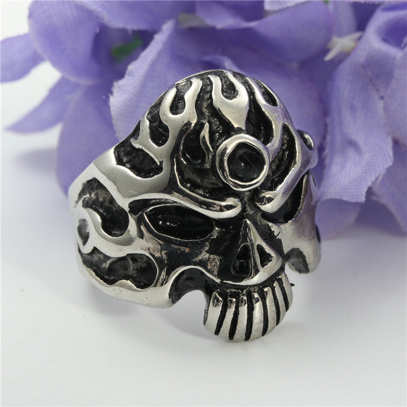 Titanium Steel Retro Punk Flame Skull Ring for Men - European and American Style