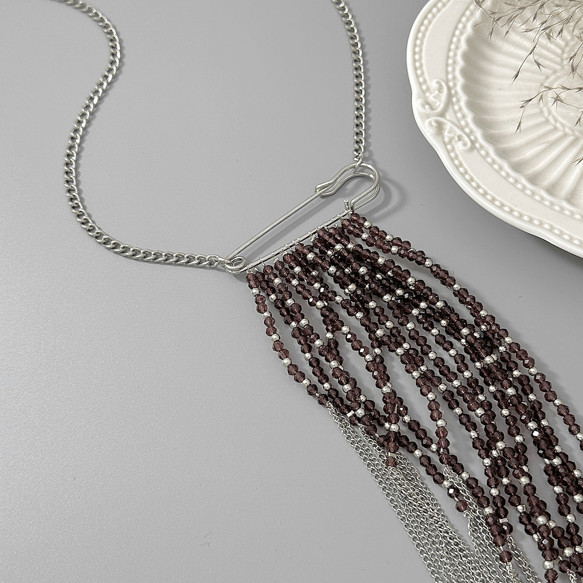 Tie-Shaped Bead Fringe Necklace & Pin
