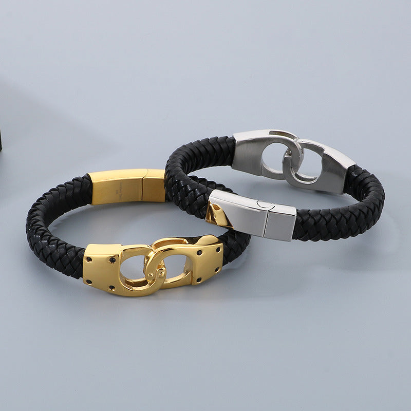 Stylish Black Woven Leather Rope Bracelet with Vacuum Electroplated Titanium Steel for Men