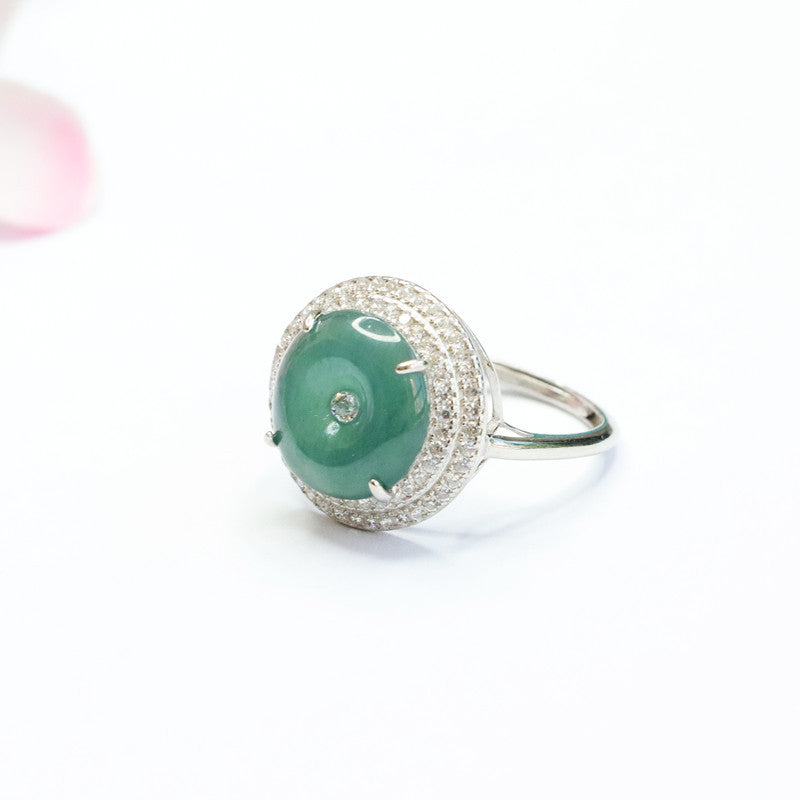Sterling Silver Adjustable Jade Ring with Double Zircon Halo
