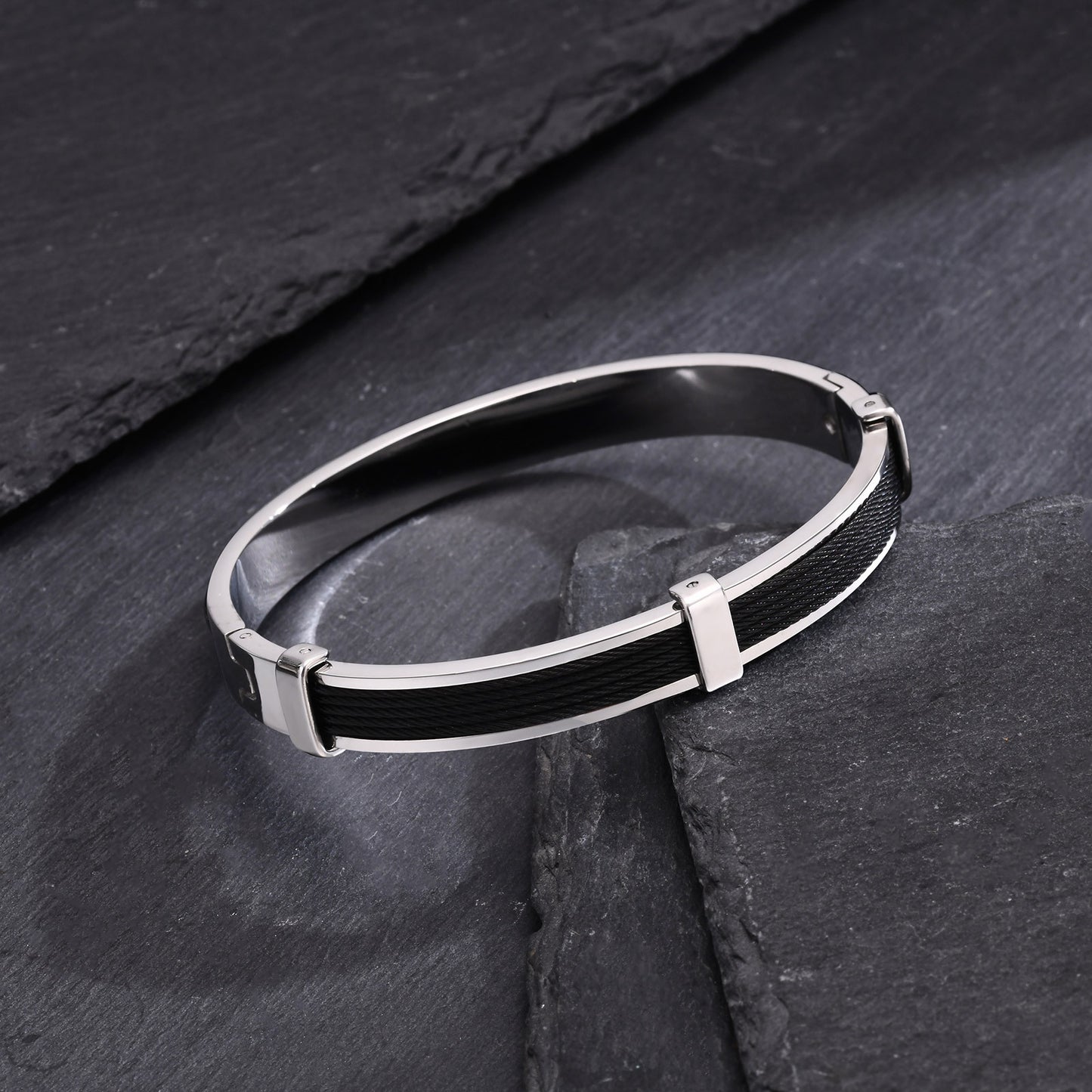 Men's Stainless Steel Black Wire Rope Openable Bracelet Jewelry